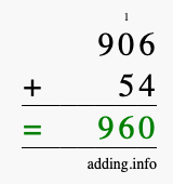 Calculate 906 + 54 using long addition
