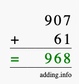 Calculate 907 + 61 using long addition