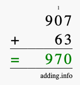 Calculate 907 + 63 using long addition