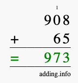 Calculate 908 + 65 using long addition
