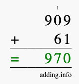 Calculate 909 + 61 using long addition