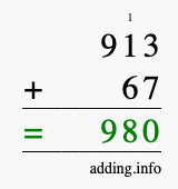 Calculate 913 + 67 using long addition