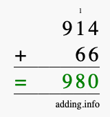 Calculate 914 + 66 using long addition