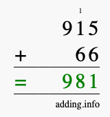 Calculate 915 + 66 using long addition