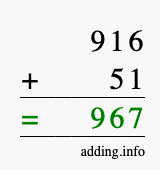 Calculate 916 + 51 using long addition