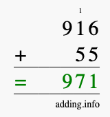 Calculate 916 + 55 using long addition
