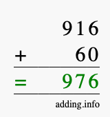 Calculate 916 + 60 using long addition