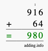 Calculate 916 + 64 using long addition