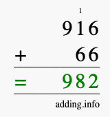 Calculate 916 + 66 using long addition