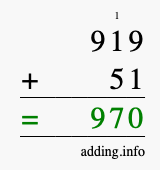 Calculate 919 + 51 using long addition