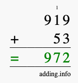 Calculate 919 + 53 using long addition