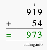 Calculate 919 + 54 using long addition