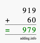 Calculate 919 + 60 using long addition