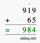 Calculate 919 + 65 using long addition