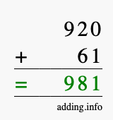Calculate 920 + 61 using long addition