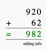 Calculate 920 + 62 using long addition