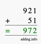 Calculate 921 + 51 using long addition