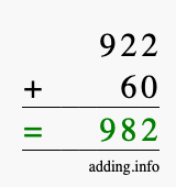 Calculate 922 + 60 using long addition