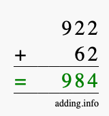Calculate 922 + 62 using long addition