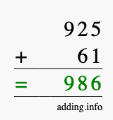 Calculate 925 + 61 using long addition
