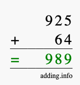 Calculate 925 + 64 using long addition