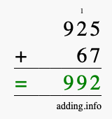 Calculate 925 + 67 using long addition