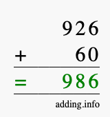 Calculate 926 + 60 using long addition