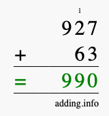 Calculate 927 + 63 using long addition