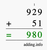 Calculate 929 + 51 using long addition