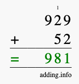 Calculate 929 + 52 using long addition