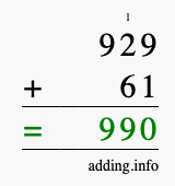 Calculate 929 + 61 using long addition