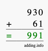Calculate 930 + 61 using long addition
