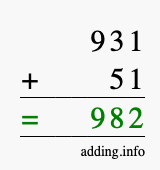 Calculate 931 + 51 using long addition