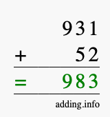 Calculate 931 + 52 using long addition