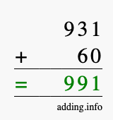 Calculate 931 + 60 using long addition