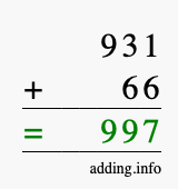 Calculate 931 + 66 using long addition