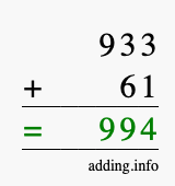 Calculate 933 + 61 using long addition