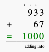 Calculate 933 + 67 using long addition
