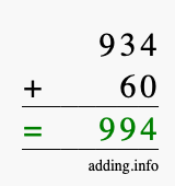 Calculate 934 + 60 using long addition