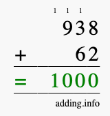 Calculate 938 + 62 using long addition