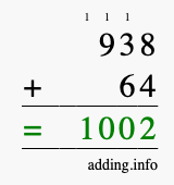 Calculate 938 + 64 using long addition