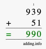 Calculate 939 + 51 using long addition
