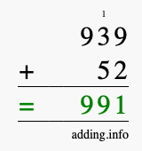 Calculate 939 + 52 using long addition