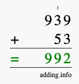 Calculate 939 + 53 using long addition