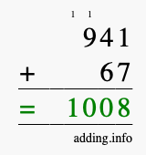 Calculate 941 + 67 using long addition