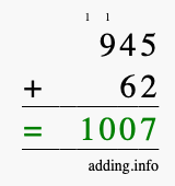 Calculate 945 + 62 using long addition
