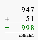 Calculate 947 + 51 using long addition