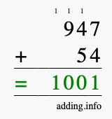 Calculate 947 + 54 using long addition