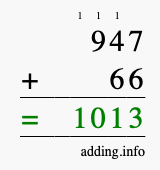 Calculate 947 + 66 using long addition