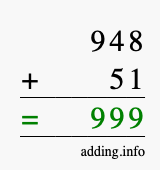 Calculate 948 + 51 using long addition